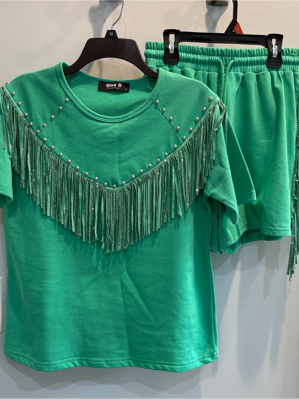 NEW blue b Green Rhinestone Fringe Trim Comfy Western Terry T-shirt & Short Set